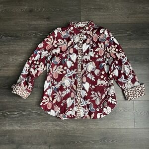 Chicos Size 2 = L /12‎ No Iron Button Down 100% Cotton Floral Leopard NWOT